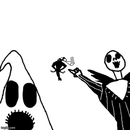 Oogie Boogie and Jack Skellington pointing at the stair creature | image tagged in oogie boogie and jack skellington pointing at the stair creature | made w/ Imgflip meme maker