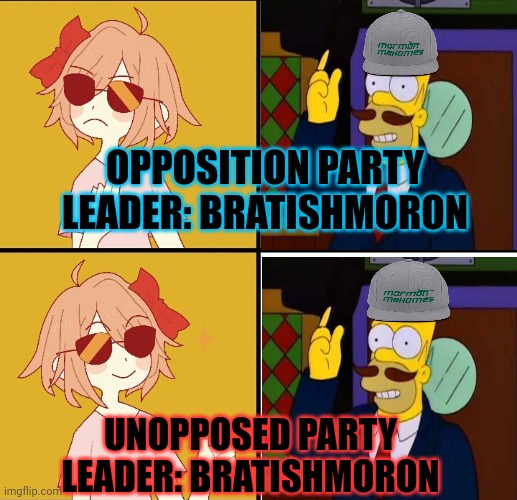 BM is still running unopposed | OPPOSITION PARTY LEADER: BRATISHMORON; UNOPPOSED PARTY LEADER: BRATISHMORON | image tagged in trans drake meme,british,mormons,political,propaganda | made w/ Imgflip meme maker