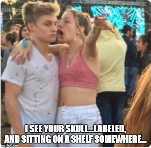 Bro Girl Explaining | I SEE YOUR SKULL...LABELED, AND SITTING ON A SHELF SOMEWHERE... | image tagged in bro girl explaining | made w/ Imgflip meme maker
