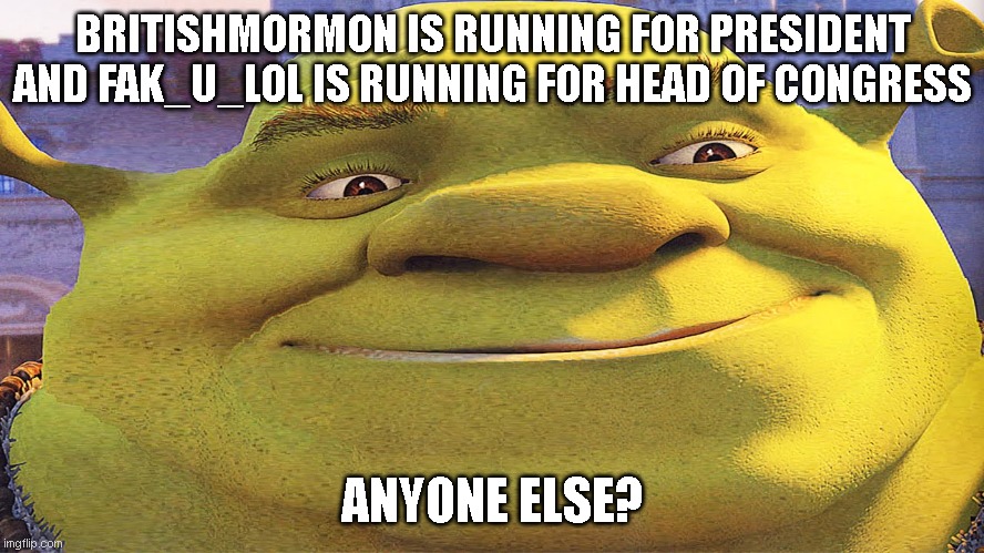BRITISHMORMON IS RUNNING FOR PRESIDENT AND FAK_U_LOL IS RUNNING FOR HEAD OF CONGRESS; ANYONE ELSE? | made w/ Imgflip meme maker