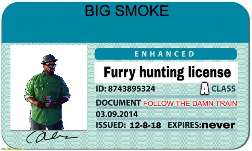 Big Smoke's hunting license | BIG SMOKE; A; FOLLOW THE DAMN TRAIN | image tagged in furry hunting license,anti furry | made w/ Imgflip meme maker