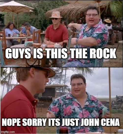 NOT THE ROCK | GUYS IS THIS THE ROCK; NOPE SORRY ITS JUST JOHN CENA | image tagged in memes,see nobody cares | made w/ Imgflip meme maker