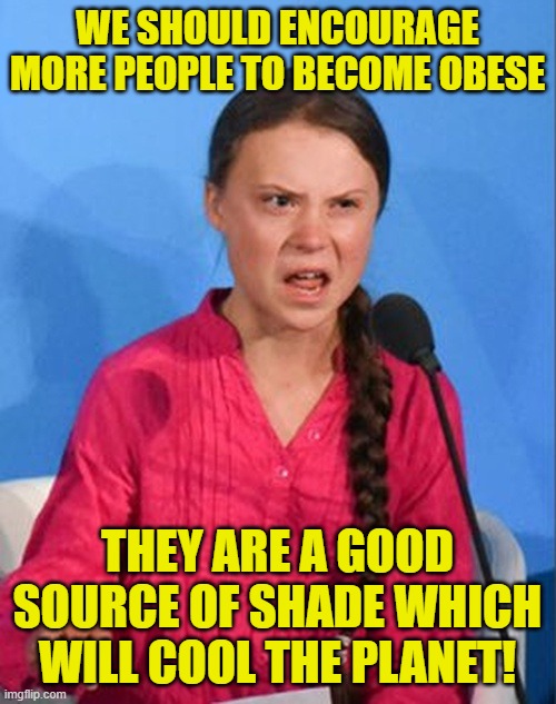 Greta Thunberg how dare you | WE SHOULD ENCOURAGE MORE PEOPLE TO BECOME OBESE THEY ARE A GOOD SOURCE OF SHADE WHICH WILL COOL THE PLANET! | image tagged in greta thunberg how dare you | made w/ Imgflip meme maker