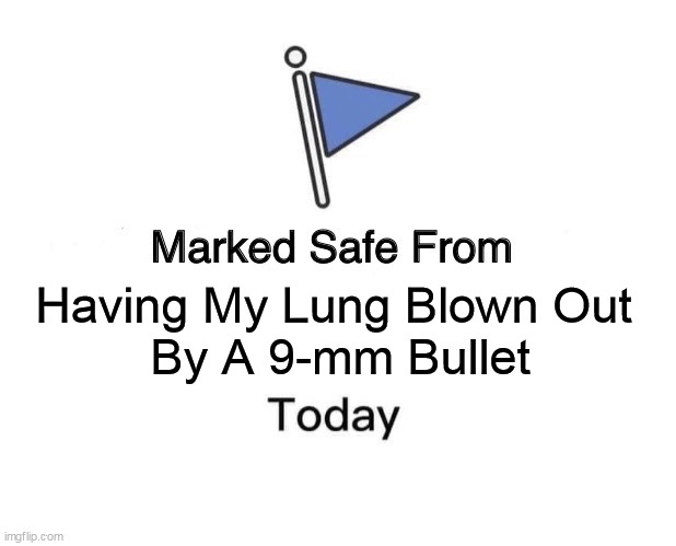 Marked Safe From |  Having My Lung Blown Out
 By A 9-mm Bullet | image tagged in marked safe from,let's go brandon,gun control,leftists | made w/ Imgflip meme maker
