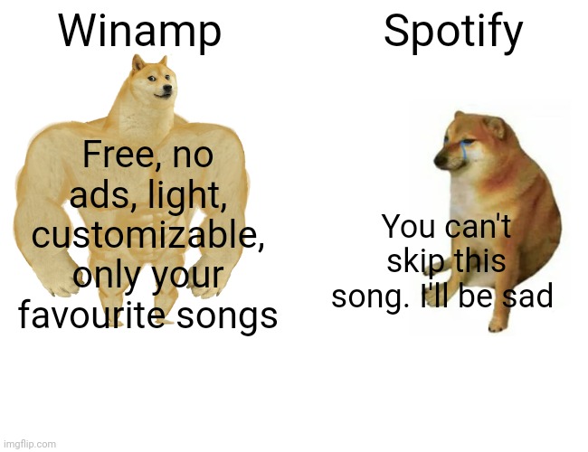 Winamp Spotify Free, no ads, light, customizable, only your favourite songs You can't skip this song. I'll be sad | image tagged in memes,buff doge vs cheems | made w/ Imgflip meme maker
