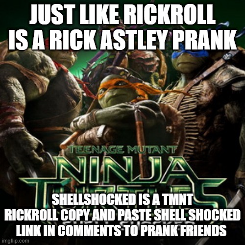 tmnt rickroll? | JUST LIKE RICKROLL IS A RICK ASTLEY PRANK; SHELLSHOCKED IS A TMNT RICKROLL COPY AND PASTE SHELL SHOCKED LINK IN COMMENTS TO PRANK FRIENDS | image tagged in tmnt,rickroll,movies,fuuny,memes,funny memes | made w/ Imgflip meme maker