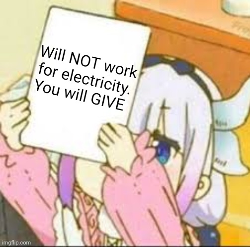 Kanna holding a sign. | Will NOT work for electricity. You will GIVE | image tagged in kanna holding a sign | made w/ Imgflip meme maker