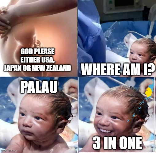 Palau | GOD PLEASE EITHER USA, JAPAN OR NEW ZEALAND; WHERE AM I? PALAU; 3 IN ONE | image tagged in hello sir where am i,palau,god please not,god please not x or y,oh wow are you actually reading these tags | made w/ Imgflip meme maker