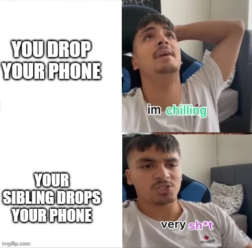 So true | YOU DROP YOUR PHONE; YOUR SIBLING DROPS YOUR PHONE | image tagged in im chilling,i sleep real shit | made w/ Imgflip meme maker