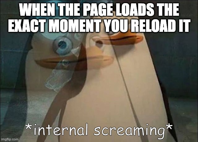 pain | WHEN THE PAGE LOADS THE EXACT MOMENT YOU RELOAD IT | image tagged in private internal screaming | made w/ Imgflip meme maker