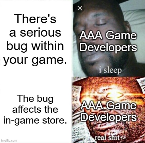AAA Game Developers be like: | There's a serious bug within your game. AAA Game Developers; The bug affects the in-game store. AAA Game Developers | image tagged in memes,sleeping shaq | made w/ Imgflip meme maker