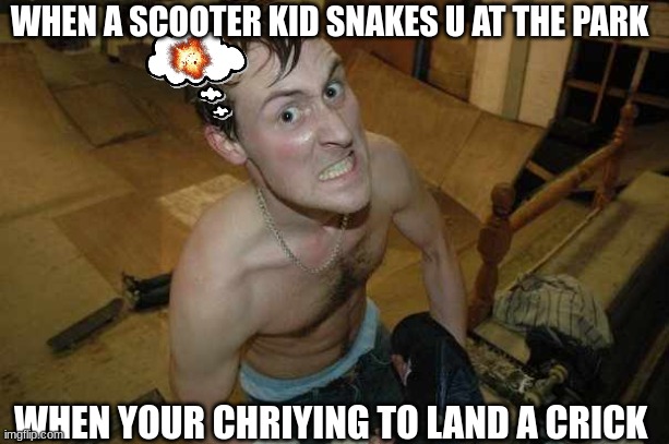 Skatepark Rage | WHEN A SCOOTER KID SNAKES U AT THE PARK; WHEN YOUR CHRIYING TO LAND A CRICK | image tagged in skatepark rage | made w/ Imgflip meme maker