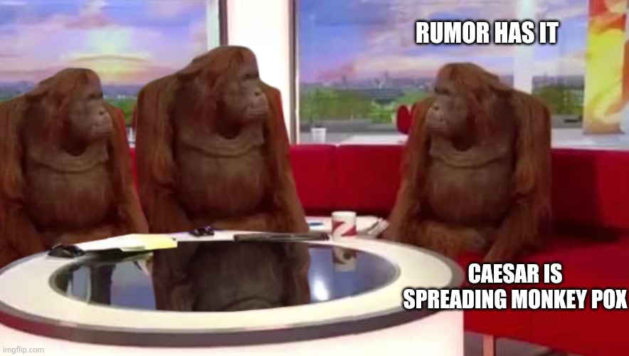 where monkey | RUMOR HAS IT; CAESAR IS SPREADING MONKEY POX | image tagged in where monkey | made w/ Imgflip meme maker