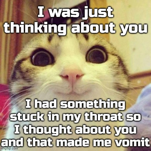 Thanks I nearly choked | I was just thinking about you; I had something stuck in my throat so I thought about you and that made me vomit | image tagged in memes,smiling cat | made w/ Imgflip meme maker