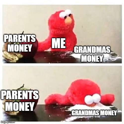 im rich today | PARENTS MONEY; ME; GRANDMAS MONEY; PARENTS MONEY; GRANDMAS MONEY | image tagged in elmo cocaine | made w/ Imgflip meme maker