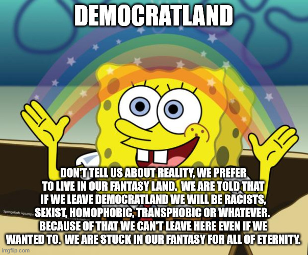 Sponge Bob imagination | DEMOCRATLAND DON'T TELL US ABOUT REALITY, WE PREFER TO LIVE IN OUR FANTASY LAND.  WE ARE TOLD THAT IF WE LEAVE DEMOCRATLAND WE WILL BE RACIS | image tagged in sponge bob imagination | made w/ Imgflip meme maker