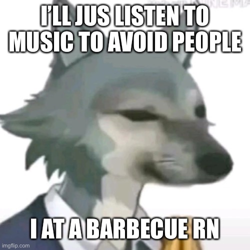 Dorime legoshi | I’LL JUS LISTEN TO MUSIC TO AVOID PEOPLE; I AT A BARBECUE RN | image tagged in dorime legoshi | made w/ Imgflip meme maker