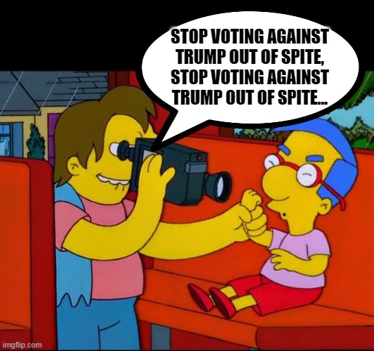 Stop Hitting Yourself | STOP VOTING AGAINST TRUMP OUT OF SPITE, STOP VOTING AGAINST TRUMP OUT OF SPITE... | image tagged in stop hitting yourself | made w/ Imgflip meme maker