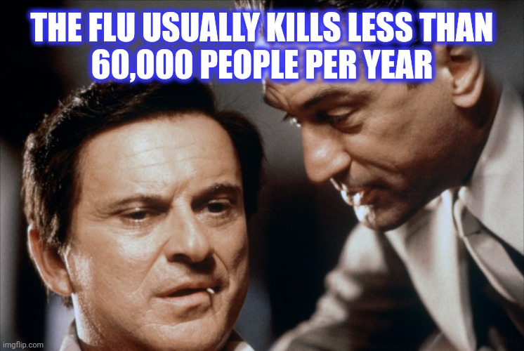 Pesci and De Niro Goodfellas | THE FLU USUALLY KILLS LESS THAN
60,000 PEOPLE PER YEAR | image tagged in pesci and de niro goodfellas | made w/ Imgflip meme maker