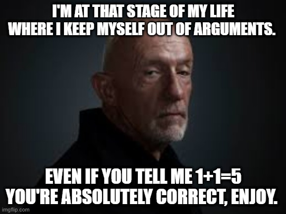 Mike Ehrmantraut |  I'M AT THAT STAGE OF MY LIFE WHERE I KEEP MYSELF OUT OF ARGUMENTS. EVEN IF YOU TELL ME 1+1=5 YOU'RE ABSOLUTELY CORRECT, ENJOY. | image tagged in arguments | made w/ Imgflip meme maker