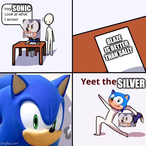 Silver u have done it again | SONIC; BLAZE IS BETTER THAN SALLY; SILVER | image tagged in yeet the child | made w/ Imgflip meme maker