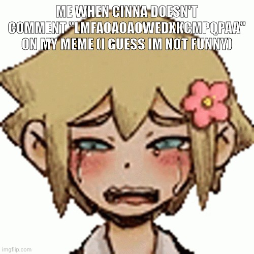 oh the misery | ME WHEN CINNA DOESN'T COMMENT "LMFAOAOAOWEDXKCMPQPAA" ON MY MEME (I GUESS IM NOT FUNNY) | image tagged in oh the misery | made w/ Imgflip meme maker