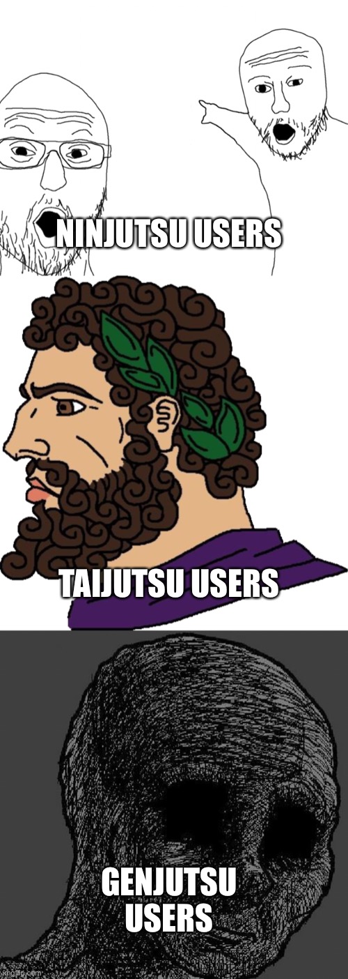 NINJUTSU USERS; TAIJUTSU USERS; GENJUTSU USERS | image tagged in soyjak pointing,roman chad,cursed wojak | made w/ Imgflip meme maker