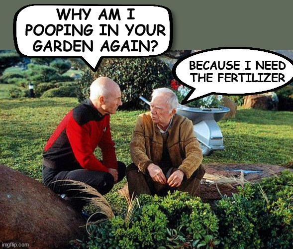 BASIC GARDENING |  WHY AM I POOPING IN YOUR GARDEN AGAIN? BECAUSE I NEED THE FERTILIZER | image tagged in picard and boothby squatting | made w/ Imgflip meme maker