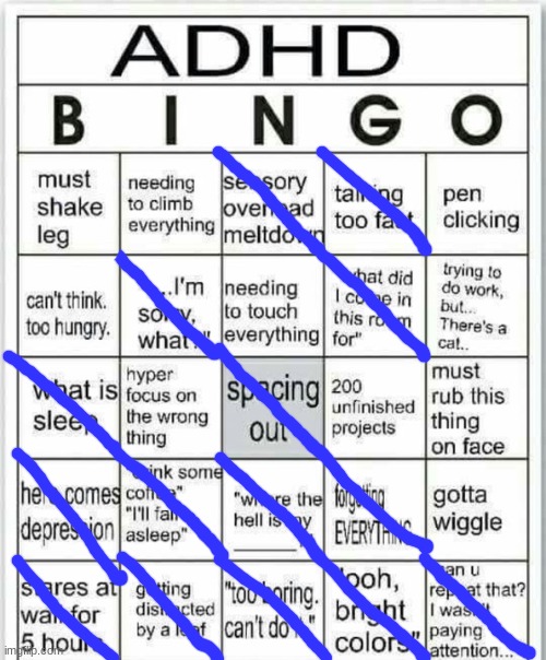 i dont have ADHD but i have issues am i gonna get them resolved no | image tagged in adhd bingo | made w/ Imgflip meme maker