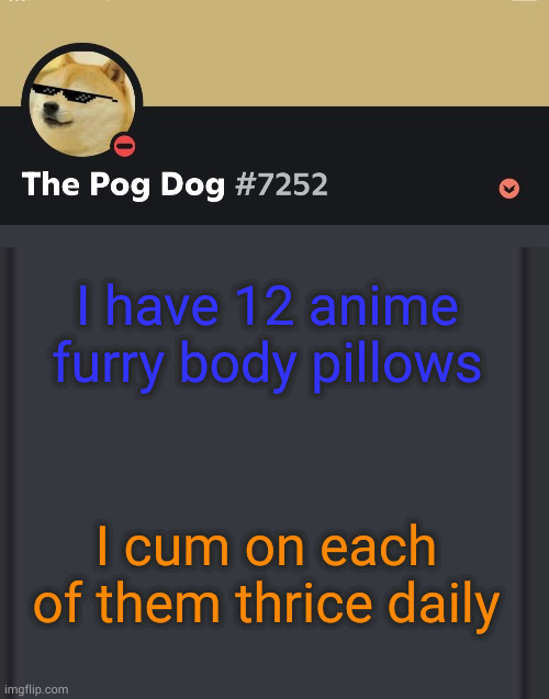 huehuehuehueh | I have 12 anime furry body pillows; I cum on each of them thrice daily | image tagged in epic doggos epic discord temp | made w/ Imgflip meme maker