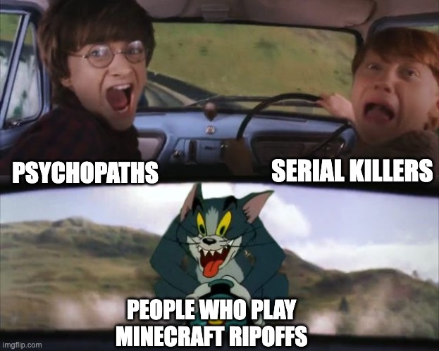 Tom chasing Harry and Ron Weasly | SERIAL KILLERS; PSYCHOPATHS; PEOPLE WHO PLAY MINECRAFT RIPOFFS | image tagged in tom chasing harry and ron weasly,minecraft,minecraft memes,memes,ripoff,clone | made w/ Imgflip meme maker