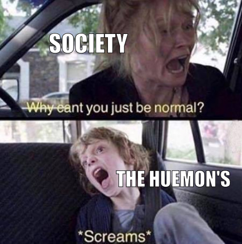 WE ALL GOT EXPECTATIONS! | SOCIETY; THE HUEMON'S | image tagged in why can't you just be normal,meme | made w/ Imgflip meme maker