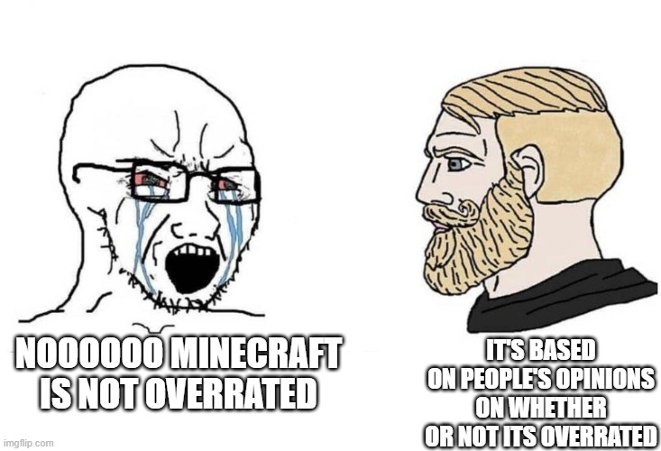 Serious and chad guys | NOOOOOO MINECRAFT IS NOT OVERRATED IT'S BASED ON PEOPLE'S OPINIONS ON WHETHER OR NOT ITS OVERRATED | image tagged in serious and chad guys | made w/ Imgflip meme maker