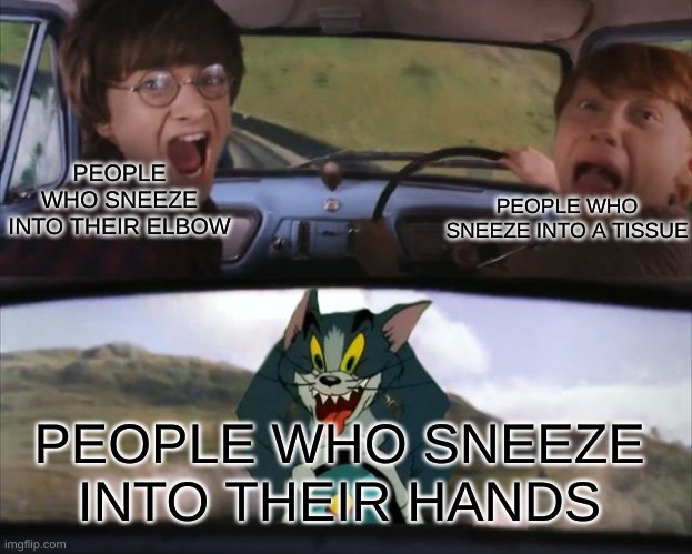 absolutely disgusting | PEOPLE WHO SNEEZE INTO THEIR ELBOW; PEOPLE WHO SNEEZE INTO A TISSUE; PEOPLE WHO SNEEZE INTO THEIR HANDS | image tagged in harry potter tom train | made w/ Imgflip meme maker