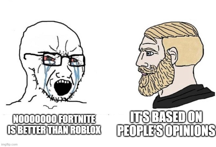 Serious and chad guys | NOOOOOOO FORTNITE IS BETTER THAN ROBLOX IT'S BASED ON PEOPLE'S OPINIONS | image tagged in serious and chad guys | made w/ Imgflip meme maker