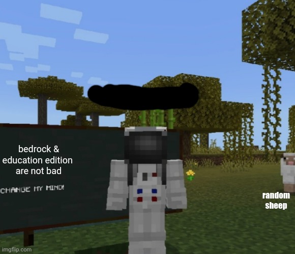 Simply a matter of opinion. | bedrock & education edition 
are not bad; random sheep | image tagged in minecraft change my mind | made w/ Imgflip meme maker