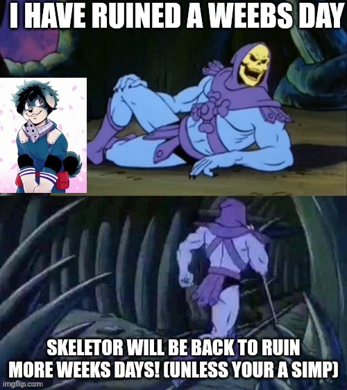 HAHAHAHA (YOU SIMP | I HAVE RUINED A WEEBS DAY; SKELETOR WILL BE BACK TO RUIN MORE WEEKS DAYS! (UNLESS YOUR A SIMP) | image tagged in skeletor disturbing facts | made w/ Imgflip meme maker