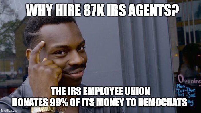 Roll Safe Think About It | WHY HIRE 87K IRS AGENTS? THE IRS EMPLOYEE UNION DONATES 99% OF ITS MONEY TO DEMOCRATS | image tagged in memes,roll safe think about it | made w/ Imgflip meme maker