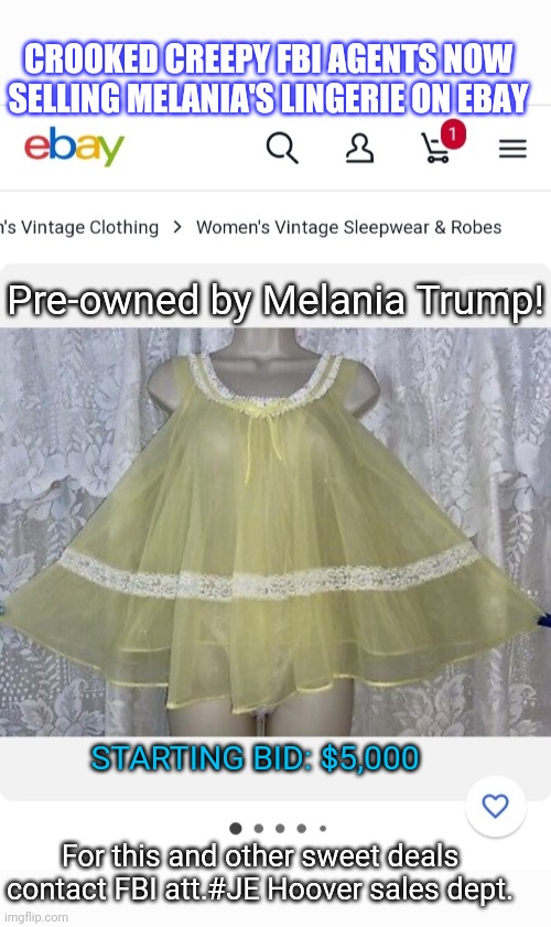 CROOKED CREEPY FBI AGENTS NOW SELLING MELANIA'S LINGERIE ON EBAY; Pre-owned by Melania Trump! STARTING BID: $5,000; For this and other sweet deals contact FBI att.#JE Hoover sales dept. | image tagged in the end,deep state,you're fired,democrats,finished | made w/ Imgflip meme maker