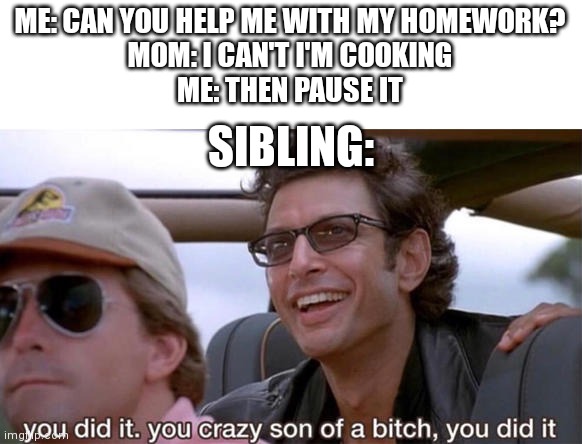 They tell me to pause my online game so, why can't i tell them to pause cooking or work? | ME: CAN YOU HELP ME WITH MY HOMEWORK?
MOM: I CAN'T I'M COOKING
ME: THEN PAUSE IT; SIBLING: | image tagged in you crazy son of a bitch you did it | made w/ Imgflip meme maker