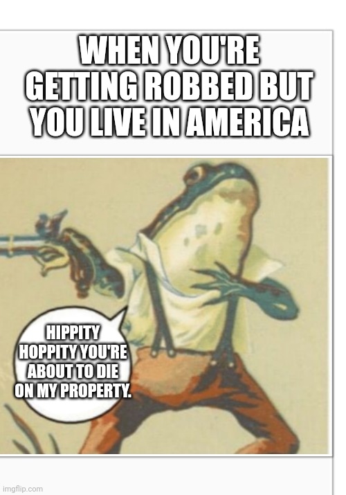 Getting robbed | WHEN YOU'RE GETTING ROBBED BUT YOU LIVE IN AMERICA; HIPPITY HOPPITY YOU'RE ABOUT TO DIE ON MY PROPERTY. | image tagged in hippity hoppity blank | made w/ Imgflip meme maker