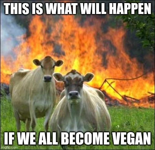 what will we do with all the cows | THIS IS WHAT WILL HAPPEN; IF WE ALL BECOME VEGAN | image tagged in memes,evil cows | made w/ Imgflip meme maker