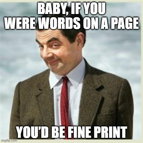 Mr Bean Smirk | BABY, IF YOU WERE WORDS ON A PAGE; YOU’D BE FINE PRINT | image tagged in mr bean smirk | made w/ Imgflip meme maker
