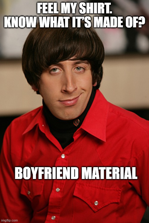Howard | FEEL MY SHIRT. KNOW WHAT IT’S MADE OF? BOYFRIEND MATERIAL | image tagged in howard | made w/ Imgflip meme maker