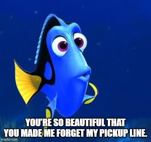 dory | YOU’RE SO BEAUTIFUL THAT YOU MADE ME FORGET MY PICKUP LINE.​ | image tagged in dory | made w/ Imgflip meme maker