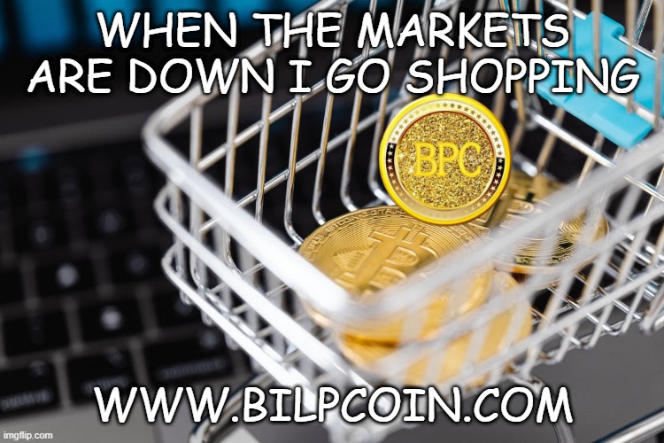 WHEN THE MARKETS ARE DOWN I GO SHOPPING; WWW.BILPCOIN.COM | made w/ Imgflip meme maker