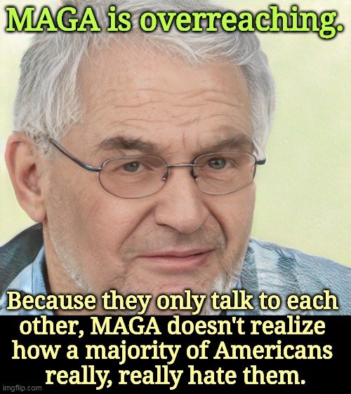 America hates MAGA | MAGA is overreaching. Because they only talk to each 
other, MAGA doesn't realize 
how a majority of Americans 
really, really hate them. | image tagged in americans,hate,maga | made w/ Imgflip meme maker