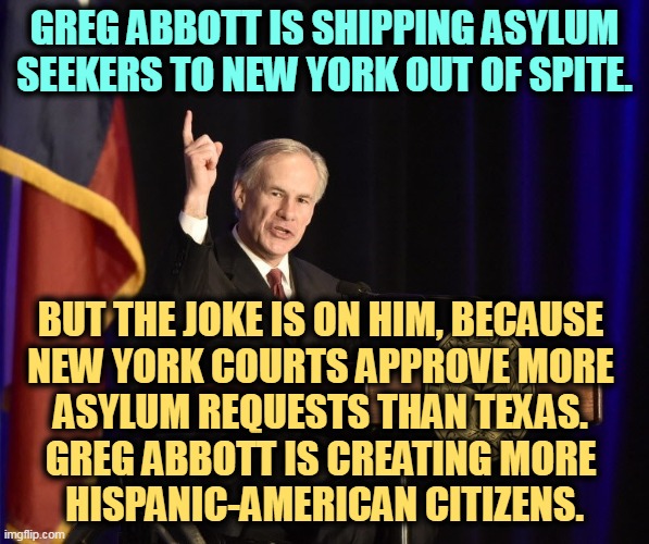 Nasty. Dumb. | GREG ABBOTT IS SHIPPING ASYLUM SEEKERS TO NEW YORK OUT OF SPITE. BUT THE JOKE IS ON HIM, BECAUSE 
NEW YORK COURTS APPROVE MORE 
ASYLUM REQUESTS THAN TEXAS. 
GREG ABBOTT IS CREATING MORE 
HISPANIC-AMERICAN CITIZENS. | image tagged in greg abbott texas murderer-in-chief,texas,hate,new york,welcome | made w/ Imgflip meme maker