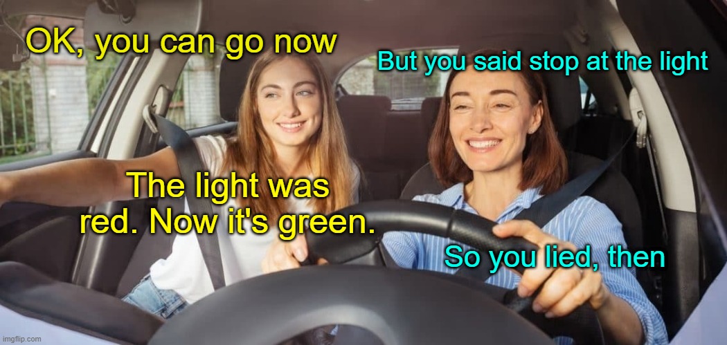 Have children, they said. It'll be fun, they said. | But you said stop at the light; OK, you can go now; The light was red. Now it's green. So you lied, then | made w/ Imgflip meme maker