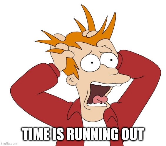 Panic fry | TIME IS RUNNING OUT | image tagged in panic fry | made w/ Imgflip meme maker